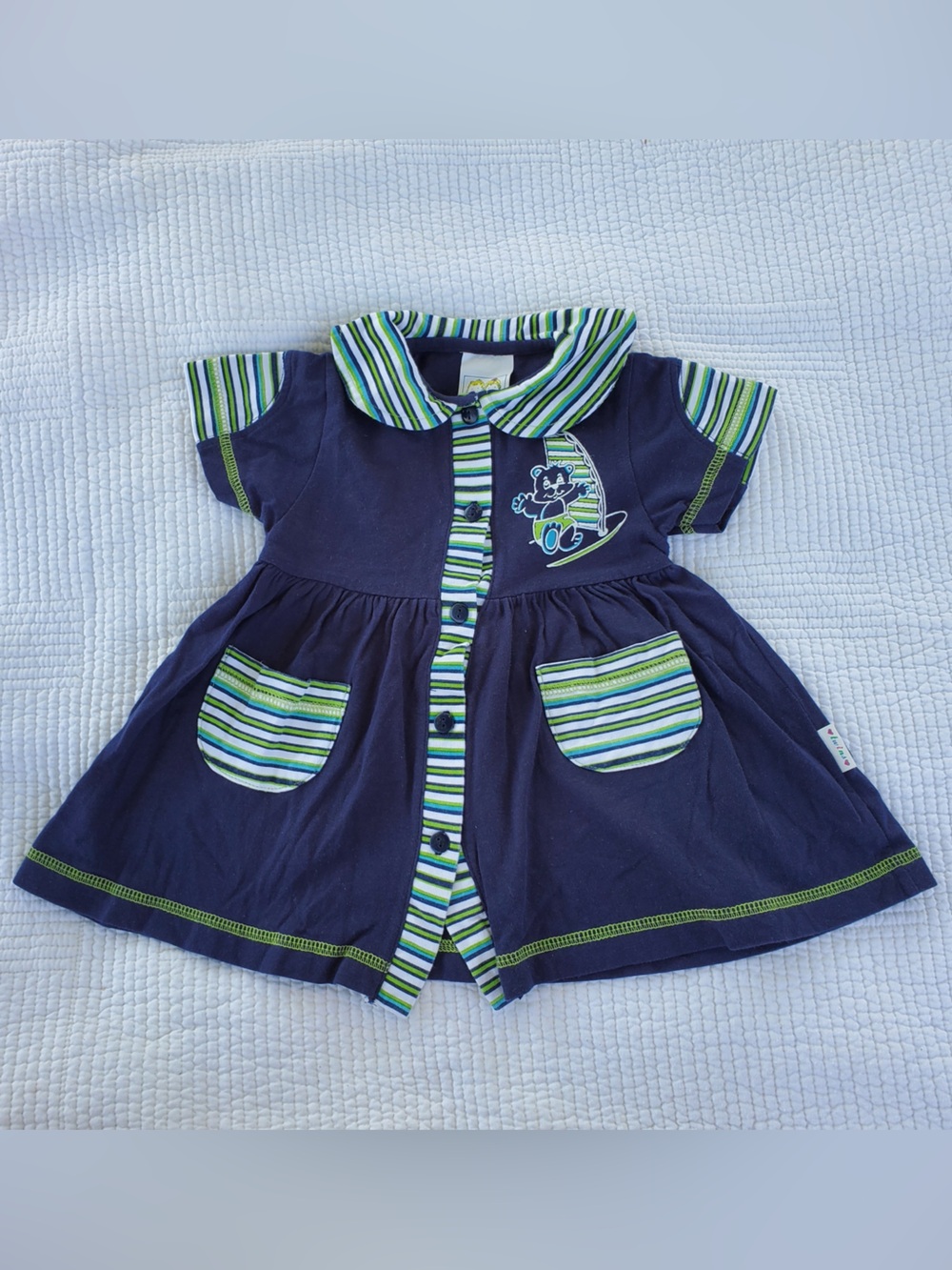 Vintage Navy Striped Trim Toddler Dress with Surf Cat